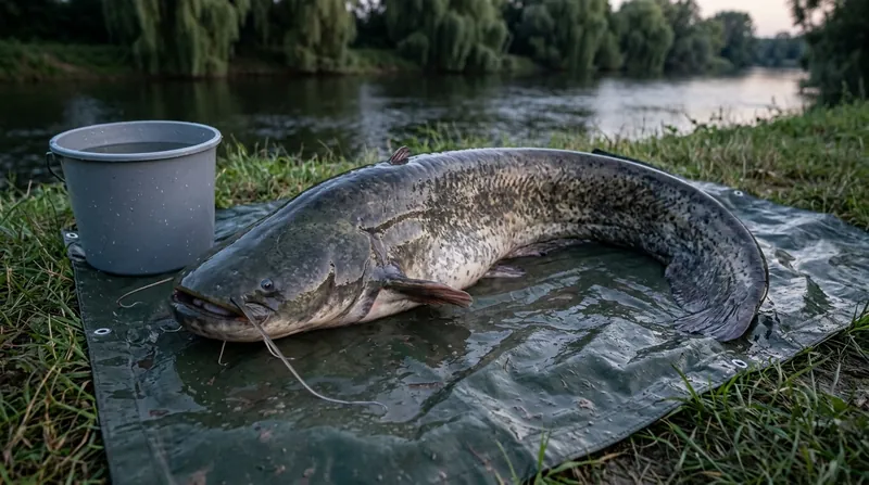 A large wels catfish lies half on its side on a wet tarp on the grass of a river bank, with a bucket of water beside it