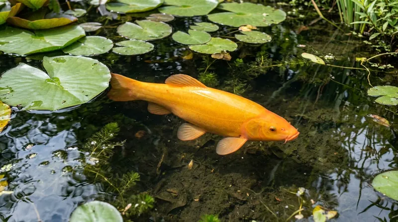 A golden tench in a clear garden pond, seen from above among water-lily leaves: an orange-yellow fish with the shape of an ordinary tench