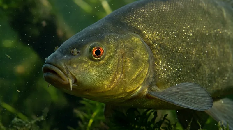 The head of a tench seen close up: a small orange eye, a short barbel at the corner of the mouth and smooth skin with tiny scales