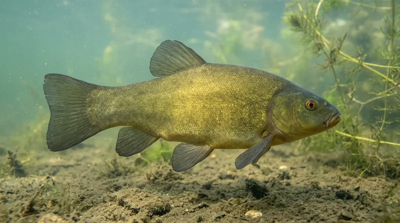 A male tench under water, seen slightly from below, with large, broad pelvic fins that reach back past the vent