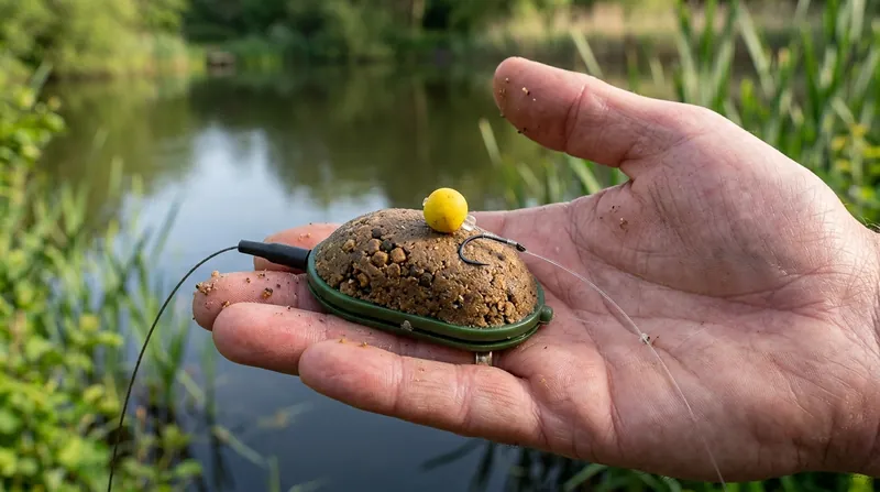 A hand holding a method feeder. Brown groundbait is pressed around the frame, and on top lies a small hook with a yellow mini boilie on a short piece of line below the hook