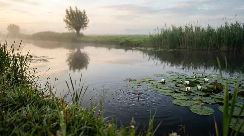 A slim quill float stands upright in a still polder ditch at dawn, beside water lilies, with a cluster of fine bubbles at the surface