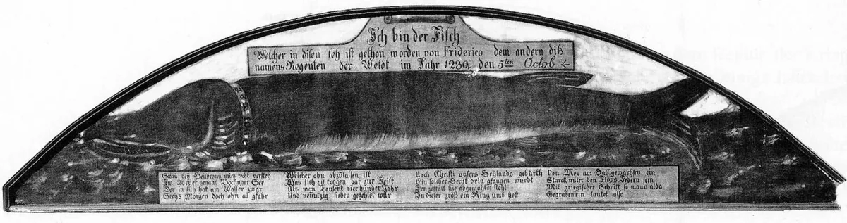 Old painting of a very long pike with a ring around its neck, with German text above and below it